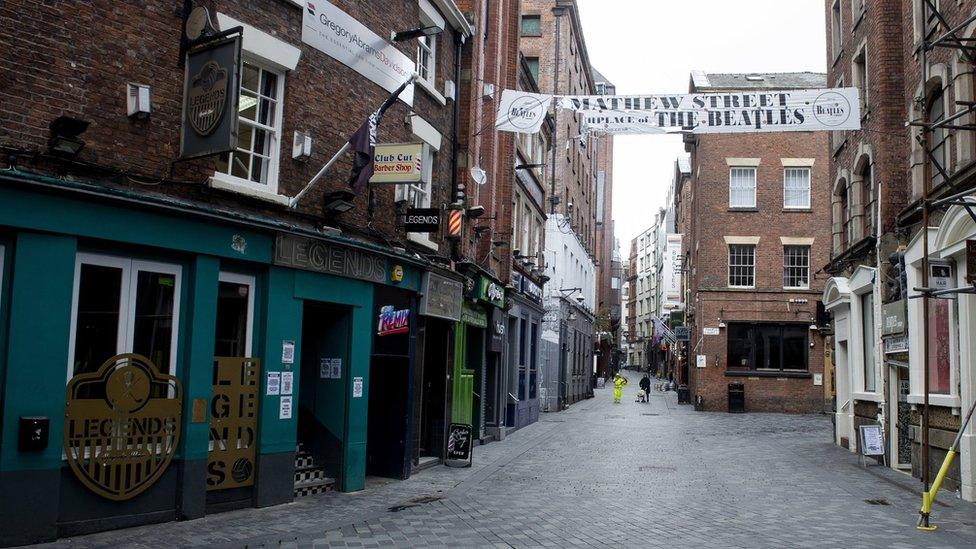 Empty Mathew Street in Liverpool under local lockdown