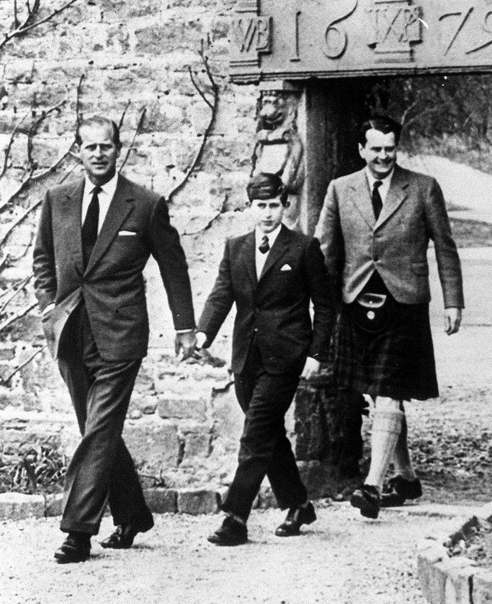 Prince Charles arriving at Gordonstoun with his father, the Duke of Edinburgh