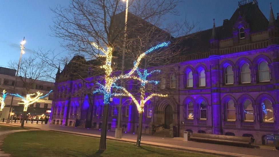 Middlesbrough town hall lit up in the colours of the Ukraine flag