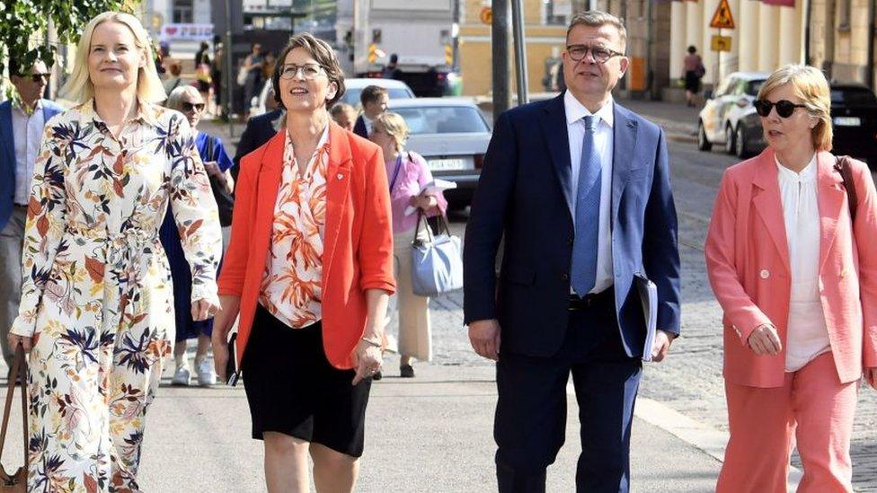 Finns Party chair Riikka Purra, Christian Democrats chair Sari Essayah, National Coalition Party chair PM-designate Petteri Orpo and Swedish People's Party chair Anna-Maja Henriksson arrive at a press conference in Helsinki, Finland, on 16 June 2023