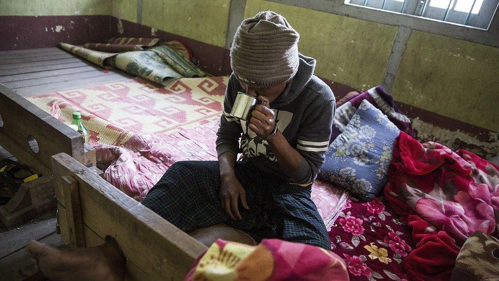 A detainee who has tried to escape is restrained in his room in Myitkyina on 26 January 2016.