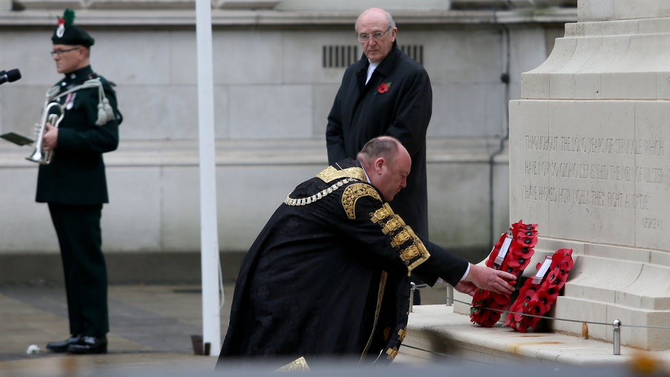 Belfast Lord Mayor Frank McCoubrey laying a wreath at the cenotaph