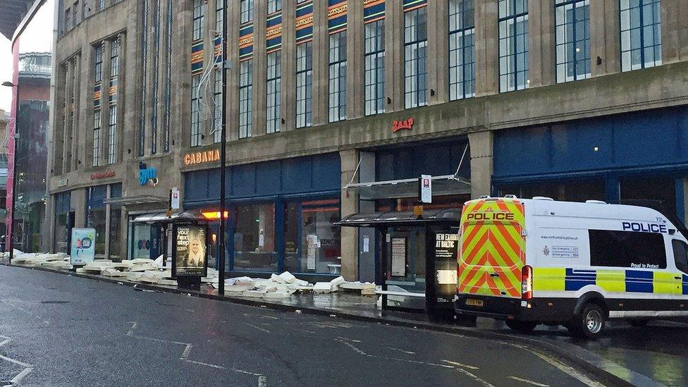 Roofing on the pavement in Newgate Street, Newcastle