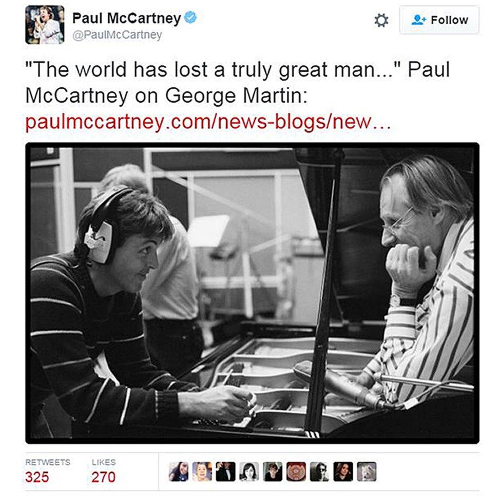 Sir Paul McCartney's tweeted tribute to Sir George Martin