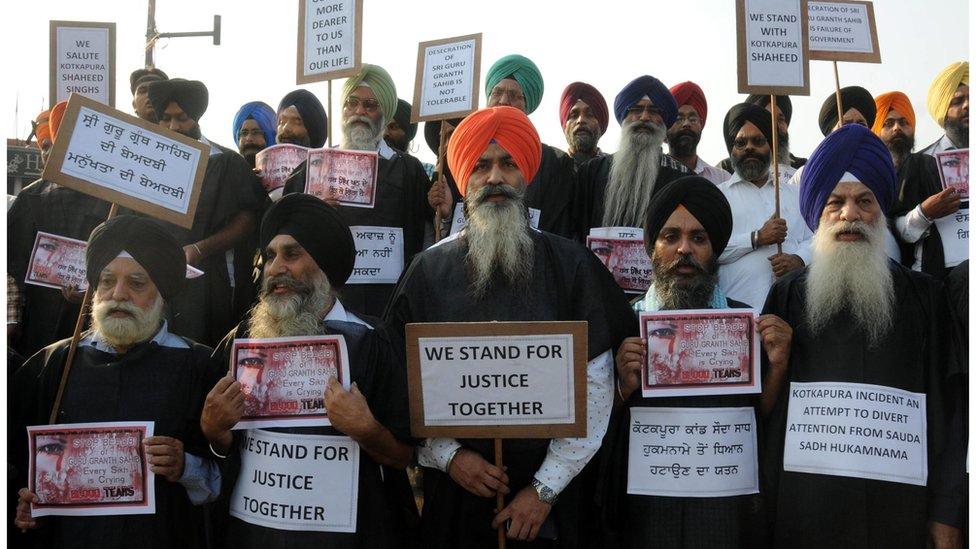 Protests began in Punjab last month after a torn-up copy of the holy book was found in the village of Bargari