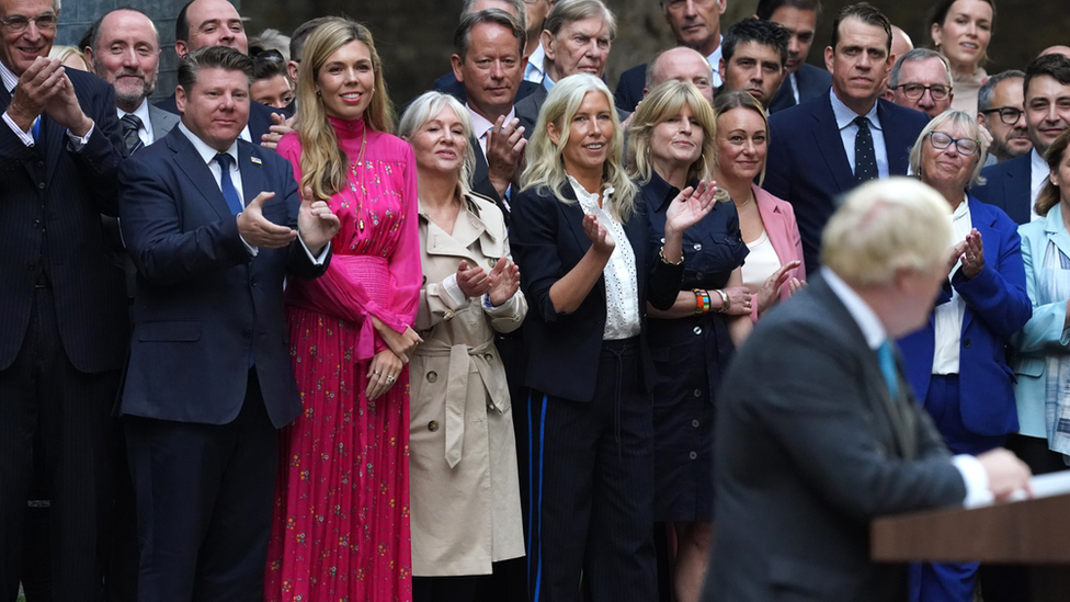 Nadine Dorries looks on at Johnson's departure from PM job