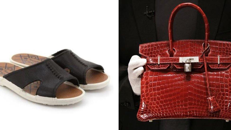 Composite image of Bata sandals and Birkin handbag