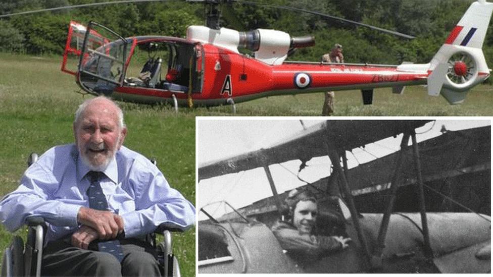 Ian Kerr-Bonner with a black and white photo of Des Page (inset) in a Tiger Moth