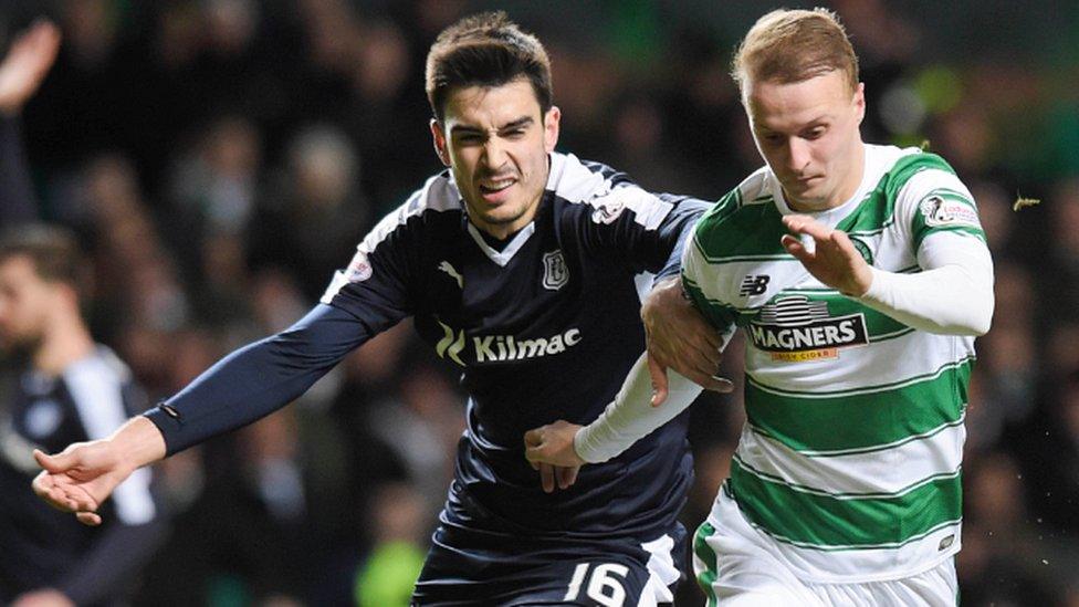 Celtic striker Leigh Griffiths tries to hold off Dundee's Julen Etxabeguren