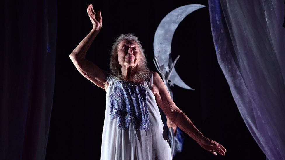 100-year-old dancer and choreographer Eileen Kramer performing during a full dress rehearsal of her latest work, The Early Ones, at a theatre in north Sydney. Starring in music videos at the age of 100, Eileen Kramer is probably the oldest working dancer and choreographer in Australia