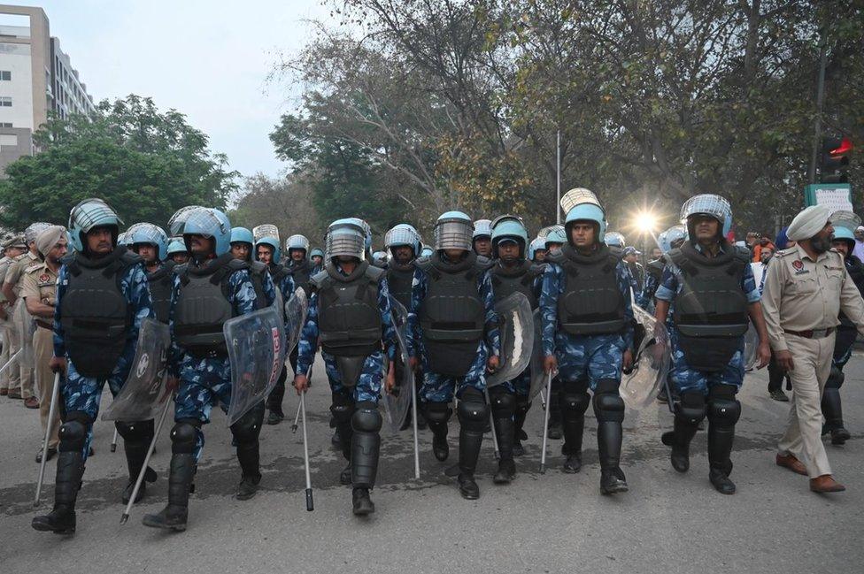 Rapid action force at the protest site at Airport Road at Sohana Light Point in Mohali on March 16, 2023 in Chandigarh