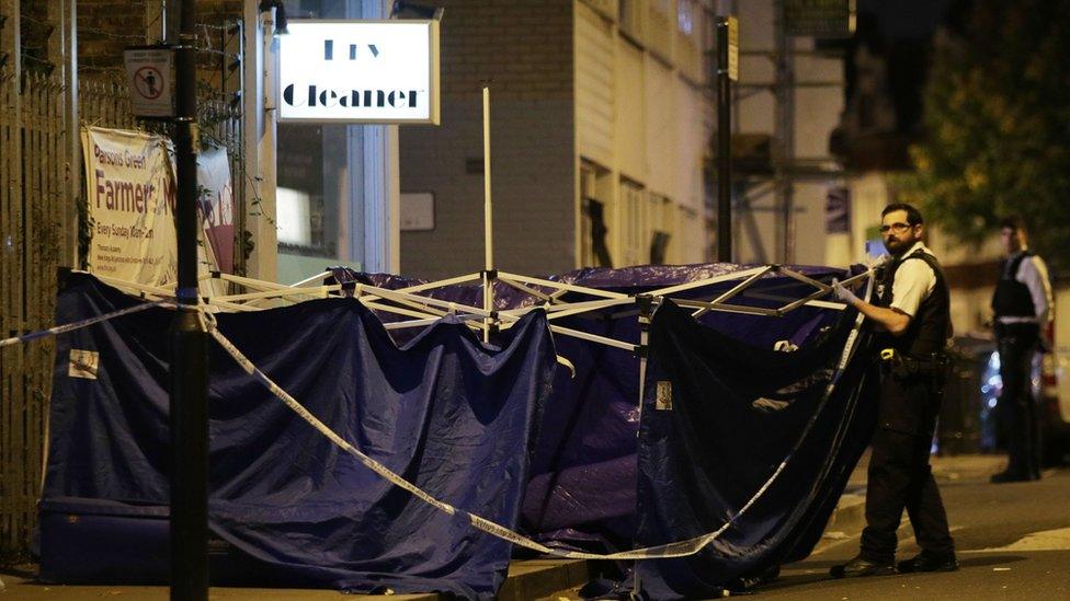 Police at the scene outside Parsons Green Tube station in London where three men have been stabbed