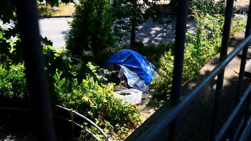 Tent under a bridge in Portland