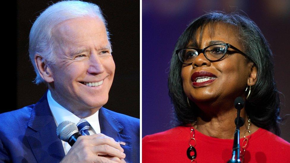 Collage photograph shows Joe Biden and Anita Hill