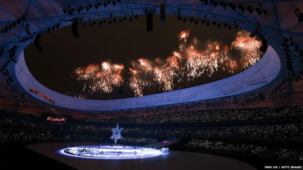 Fireworks over the Bird's Nest stadium.