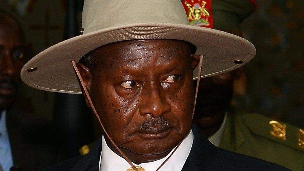 Uganda president Yoweri Museveni arrives at Indira Gandhi International Airport for the Third India-Africa Forum Summit in New Delhi on October 27, 2015.