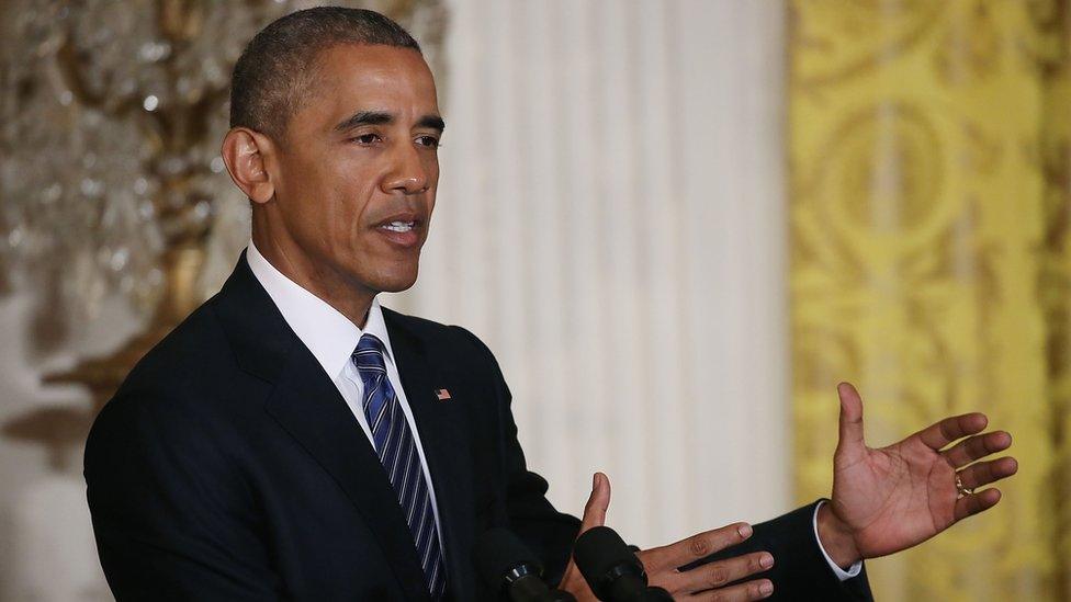 US President Barack Obama, speaks about Republican Presidential candidate Donald Trump during a news conference in the East Room of the White House.