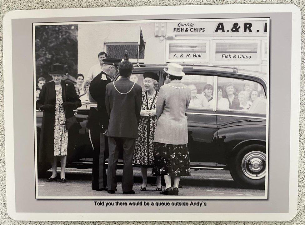 Photograph of the Queen outside Anne Ball's parents' fish and chip shop