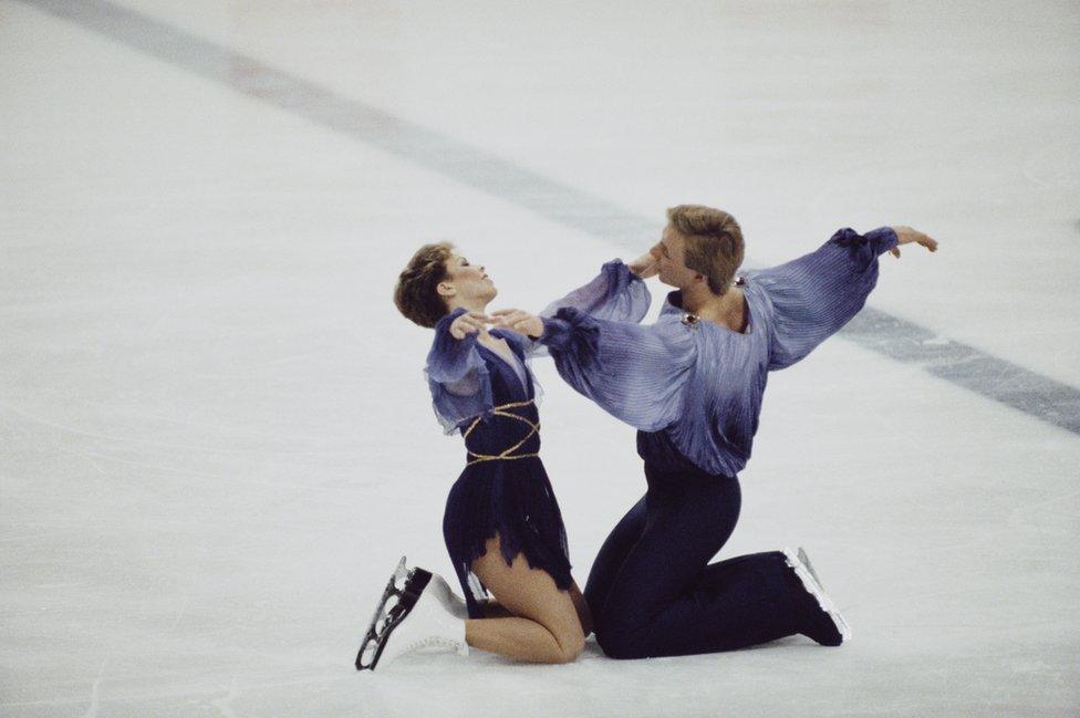 Ice dancers Jayne Torvill and Christopher Dean perform their Bolero routine