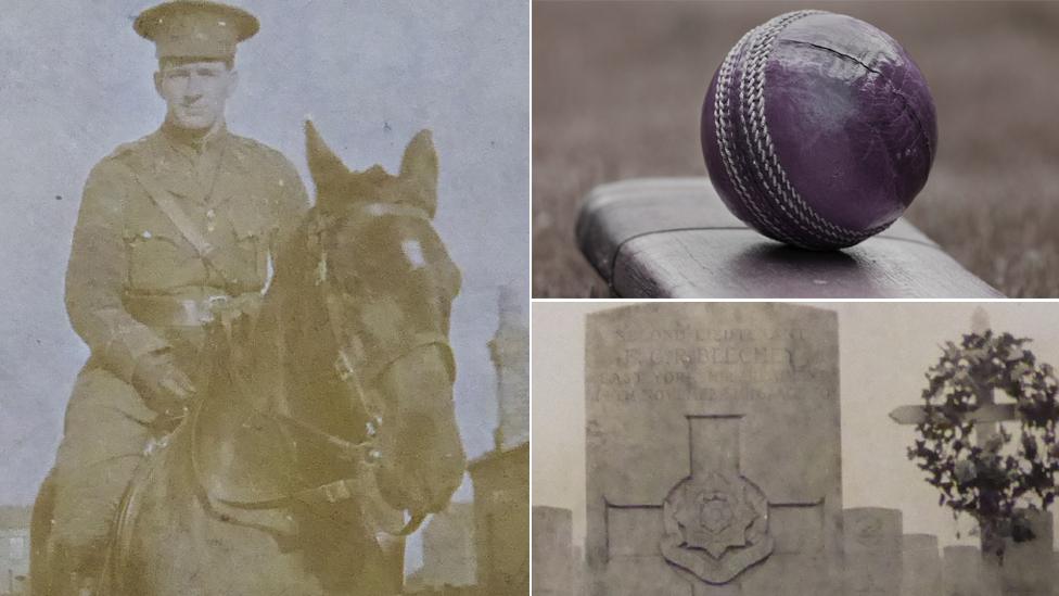 Frank Beechey, his grave and a cricket bat and ball