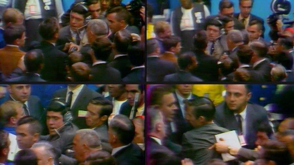 Images of journalist Dan Rather being harassed at the 1968 Democratic National Convention in Chicago.