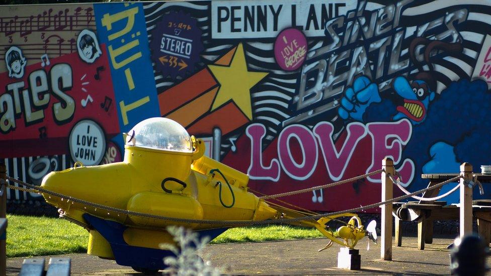 A yellow submarine and murals decorate the Penny Lane Community Centre on February 11, 2016 in Liverpool, England