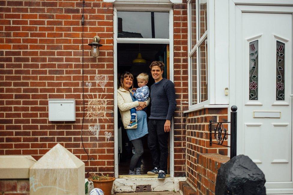 Doorstep portrait of Rachel, Richard and Ezra in Meersbrook