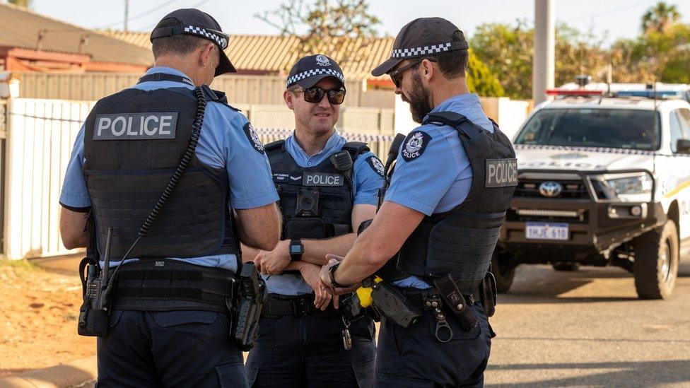 Police stand guard outside the house where missing girl Cleo Smith (4) was rescued by Western Australian Police earlier this morning in the suburb of Brockman, Carnarvon, Western Australia, 03 November 2021.