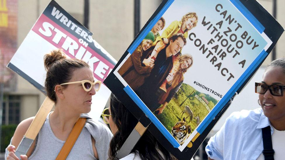 Participants in the Hollywood Writers Strike seen in Burbank, California, USA, on 22 September 2023