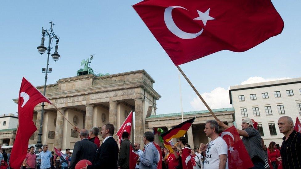 Demonstration against the Armenia Resolution passes the Brandenburg Gate in Berlin