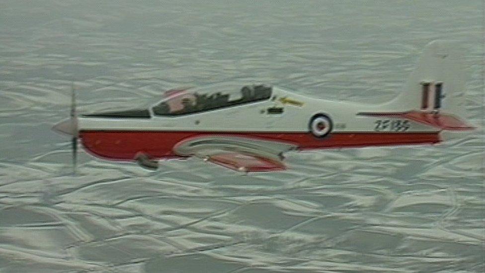 A Tucano plane on a test flight in the 1980s