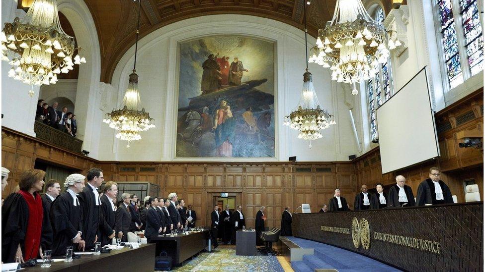 The interior of the ICJ courtroom in The Netherlands