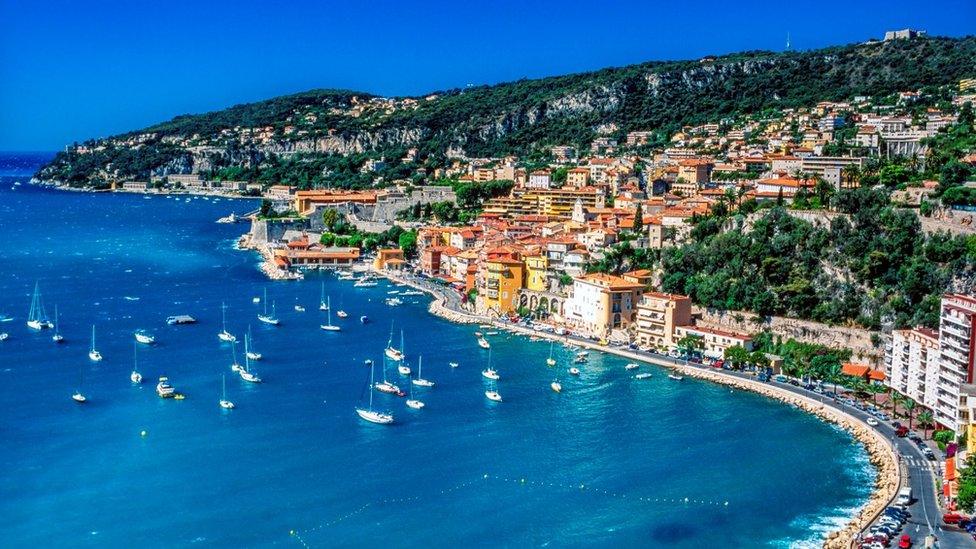 Villefranche sur Mer and its bay on the French Riviera - stock photo