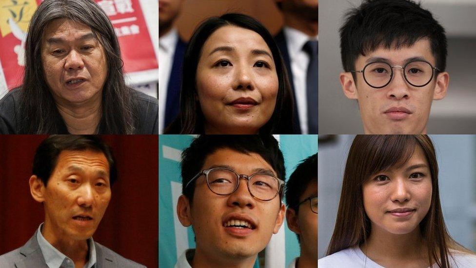 Clockwise from top left: Leung Kwok-hung, Lau Siu-lai, Sixtus Leung, Yau Wai-ching, Nathan Law and Edward Yiu. Copyright: EPA, Reuters, and AFP