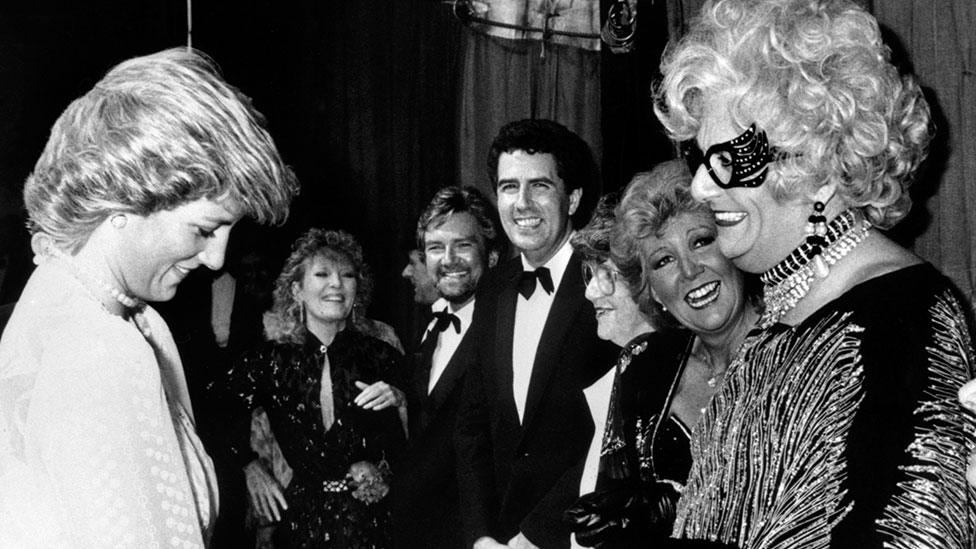 Princess Diana and Dame Edna at the Golden Jubilee concert at the London Palladium