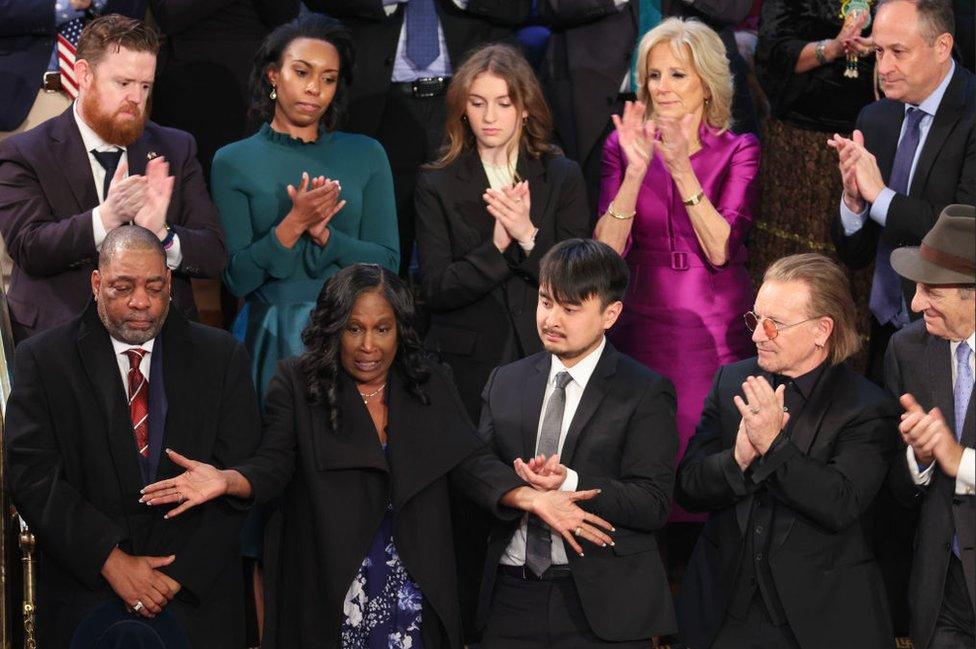 Rodney Wells and RowVaughn Wells (front left), the parents of Tyre Nichols, attended the speech as guests - alongside Brandon Tsay, hero of the California dance hall shooting, and U2 singer Bono