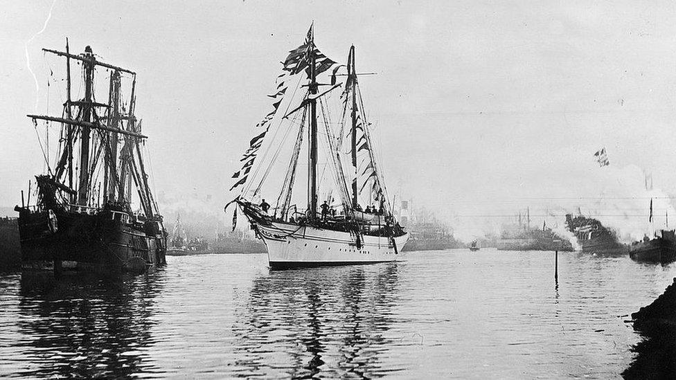 The ceremonial opening of the Manchester Ship Canal, 1 January 1894. The steam yacht Norseman leads the procession from Latchford to Salford, with the company directors on board