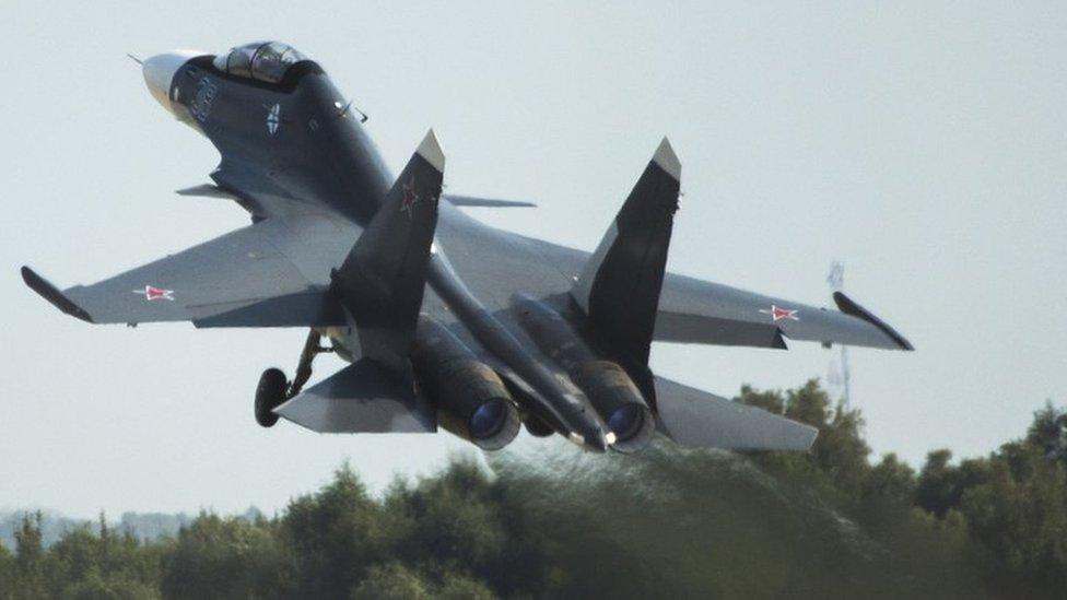 Russian air force Su-30MKI fighter jet takes off during the MAKS-2015 International Aviation and Space Show in Zhukovsky, outside Moscow