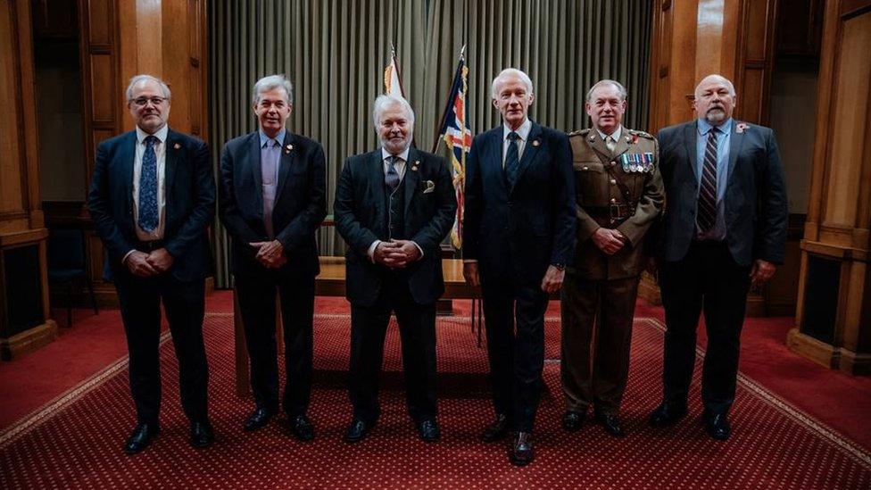 Deputy Gregory Guida, Senator John Le Fondré, Timothy Le Cocq, Air Chief Marshal Sir Stephen Dalton, Lt Col Duncan Atwell and Tim Daniels of the Royal British Legion