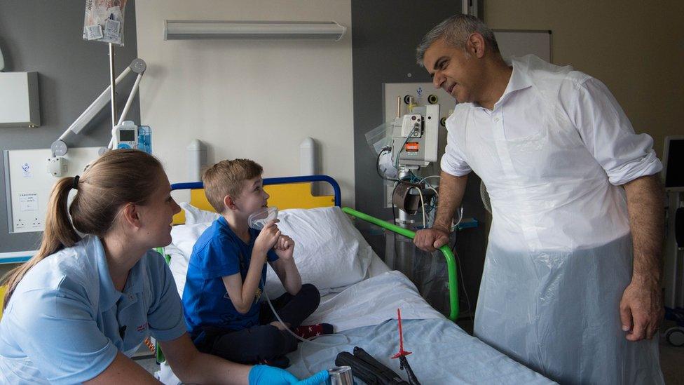 Sadiq Khan meets Fredi Hilton, from Essex, who is being treated at Great Ormond Street Hospital in London for respiratory problems