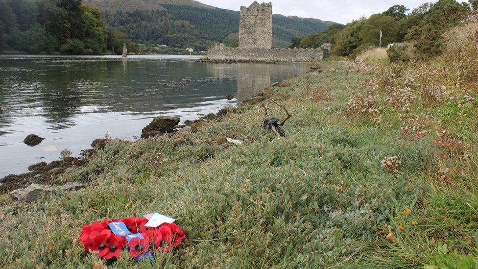 Damaged wreaths at the Narrow Water memorial