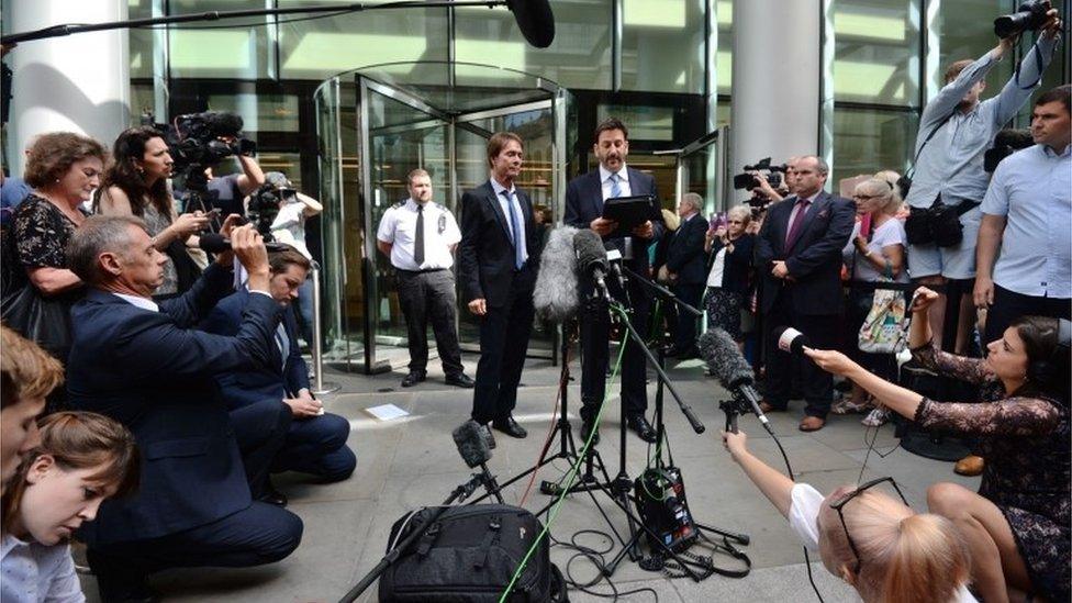 Press gathered around Sir Cliff Richard and his lawyer Gideon Benaim