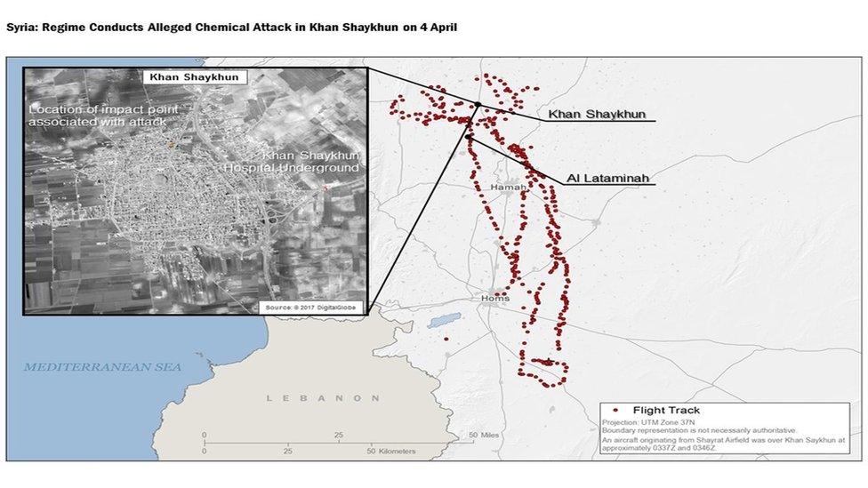 Radar track from US military purportedly showing path of Syrian Air Force jets over Khan Sheikhoun on 4 April 2017