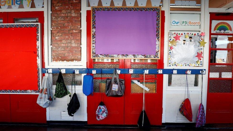 Schoolbags hanging on hooks is a school corridor