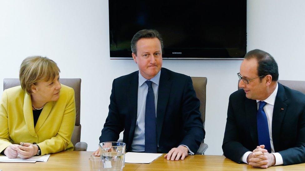 Germany's Chancellor Angela Merkel, Britain's Prime Minister David Cameron and France's President Francois Hollande in Brussels, 18 Mar 16