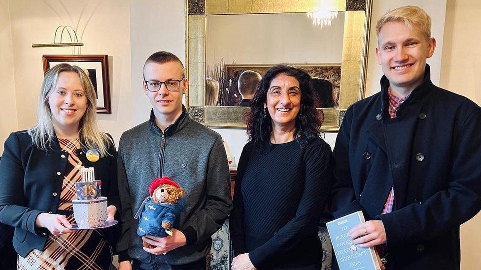 Bohdan meeting Earlsdon councillors: Becky Gittins, Kindy Sandhu and Antony Tucker on his 18th birthday