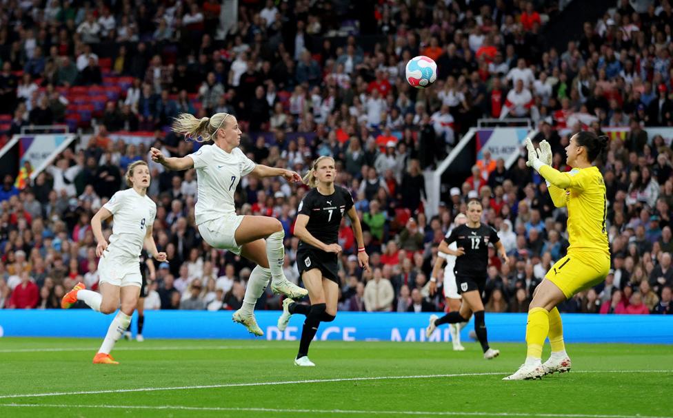 England's Beth Mead scores a goal in the Women's Euro 2022, Group A game, England v Austria at Old Trafford, Manchester, England. 6 July 2022