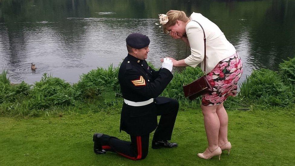 Steve Blake proposing to his wife Rebecca next to a lake