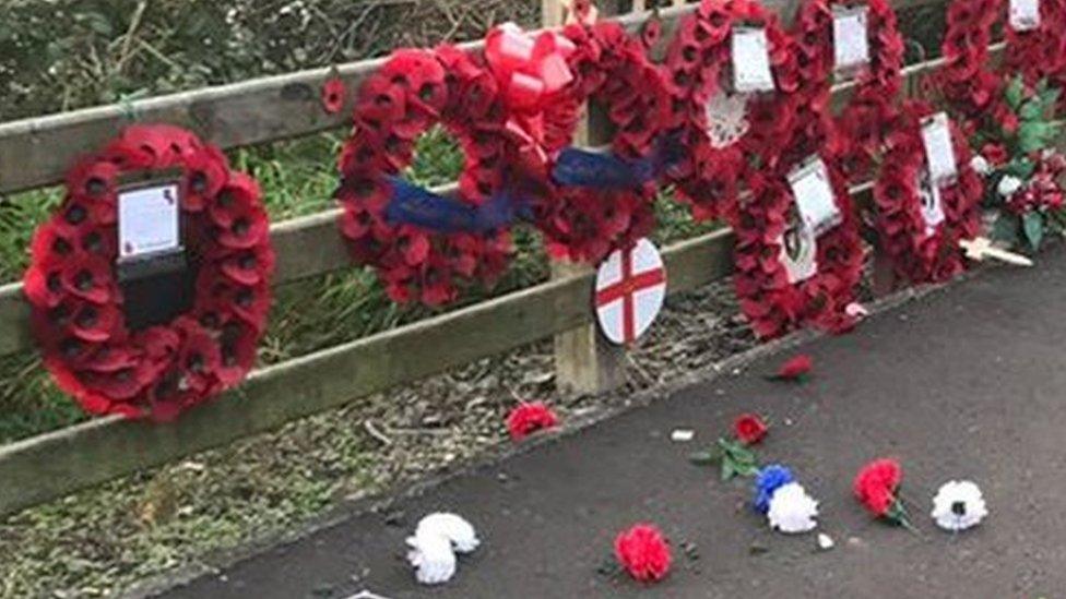 Vandalised wreaths at Narrow Water