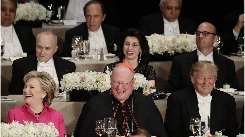 Hillary Clinton with Cardinal Tim Dolan and Donald Trump - 20 October 2016